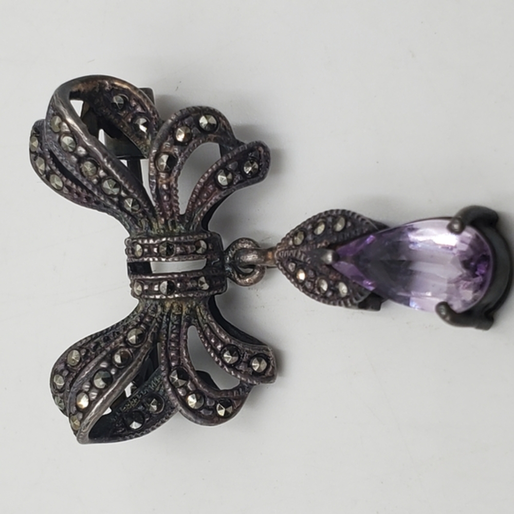 Vintage Marcasite Dangle Amethyst Bow Brooch Pin